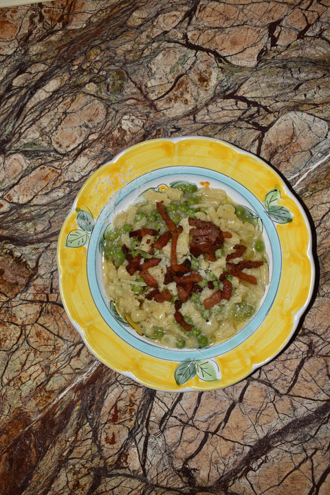 Pasta Mista piselli e guanciale